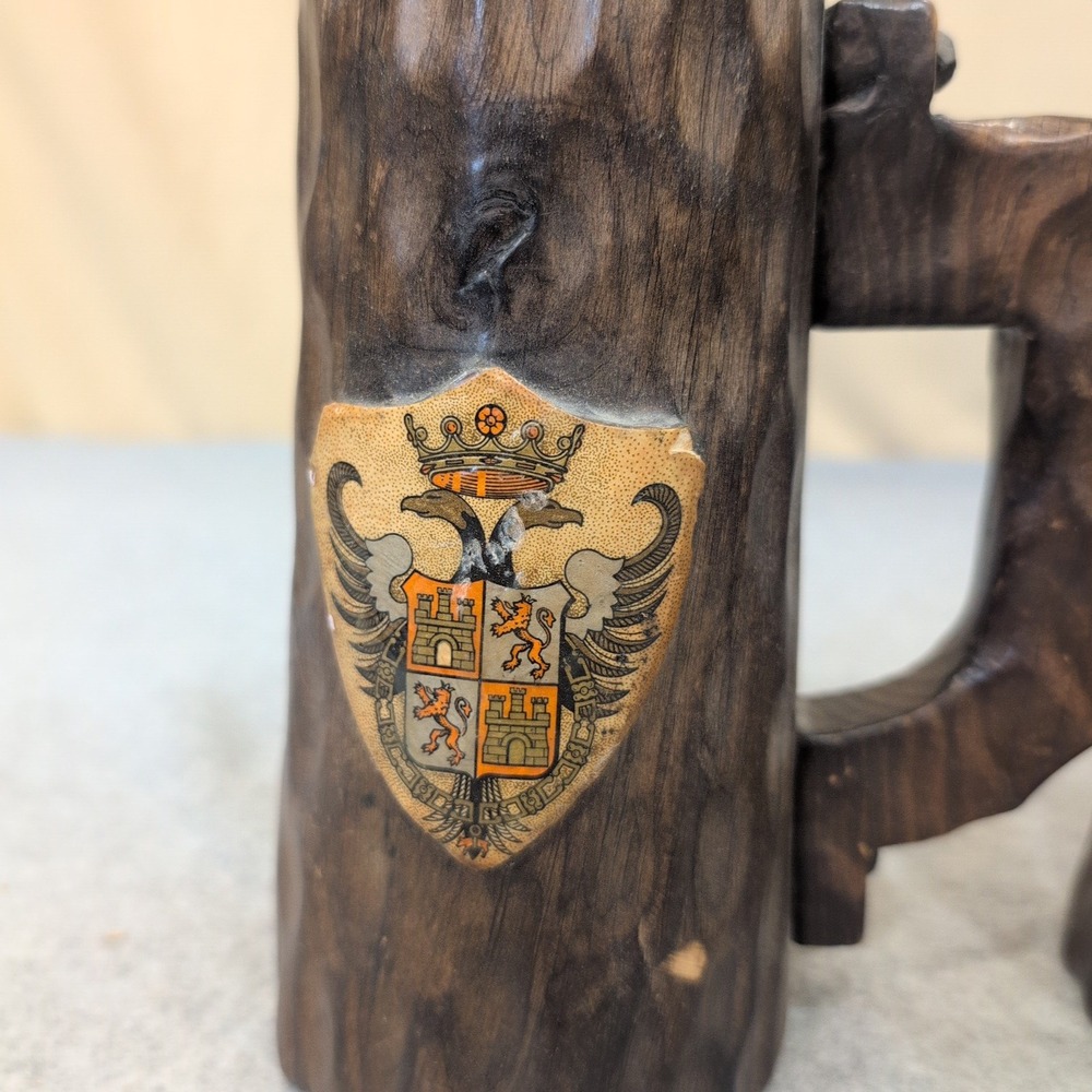 Vintage Hand Carved Wooden Mug Coat of Arms of Toledo, Spain Set of 2 Dark Wood - Picture 2 of 8